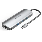 Vention USB C Multi-function 8 in 1  Docking Station Type-C to HDMI/USB3.0*3/RJ45/TF/SD/PD Converter 0.15M Gray Metal Type ( 87W)